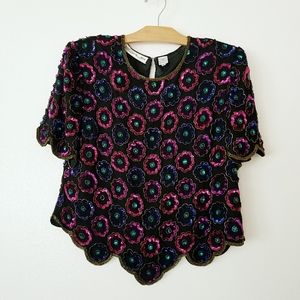 Vintage Scala Sequin Top Pure Silk Beaded Sculloped Edge Floral Retro Classic